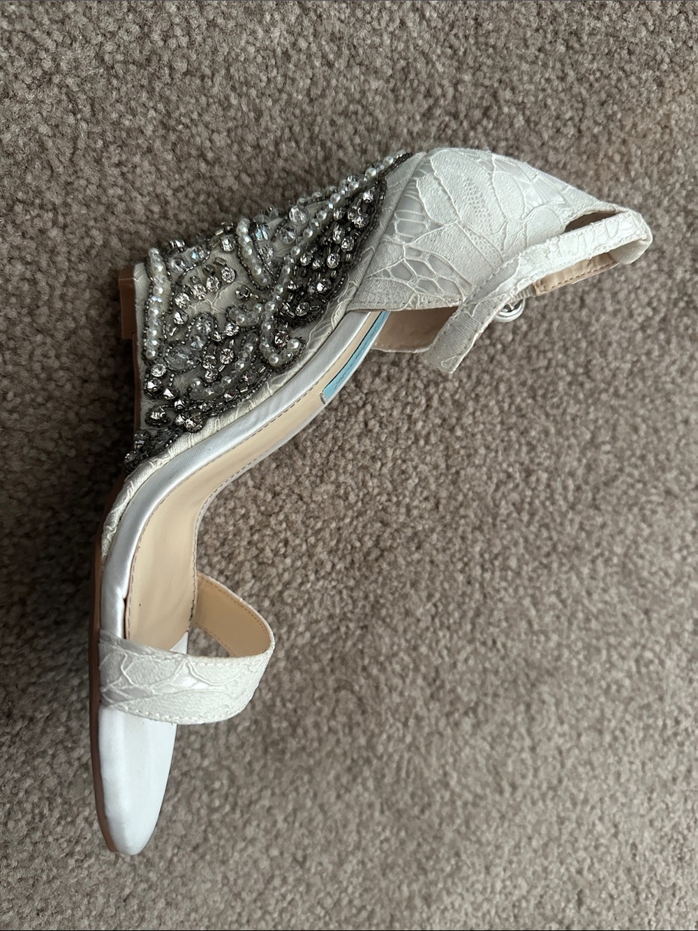 Betsey Johnson White Lace Peep-Toe Slingback Heels with Crystal Embellishment